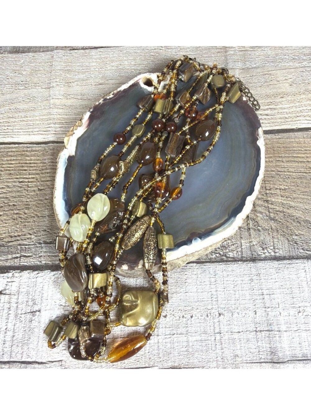 Multi Strand Beaded Statement Necklace Earth Tone Chunky Boho Layered Collar - Picture 9 of 10